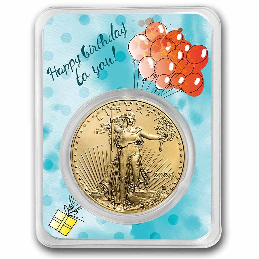 2025 1 oz Gold Eagle - w/Happy Birthday, Balloons Card, In TEP