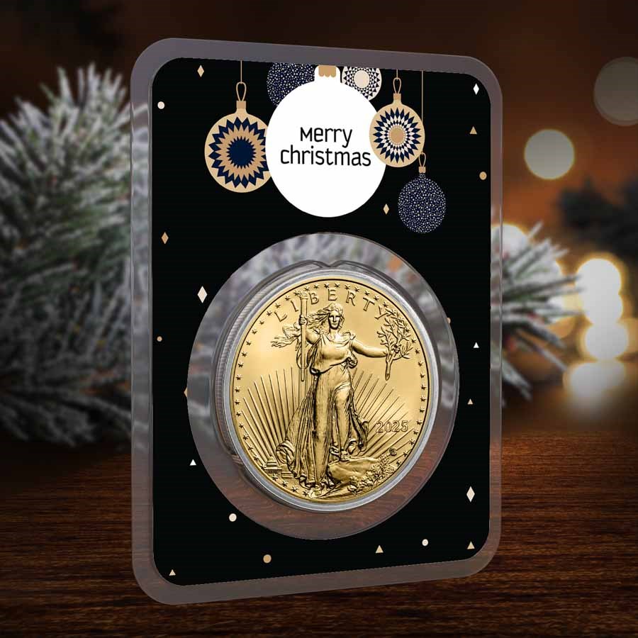 2025 1 oz American Gold Eagle - w/Elegant Merry Christmas Card